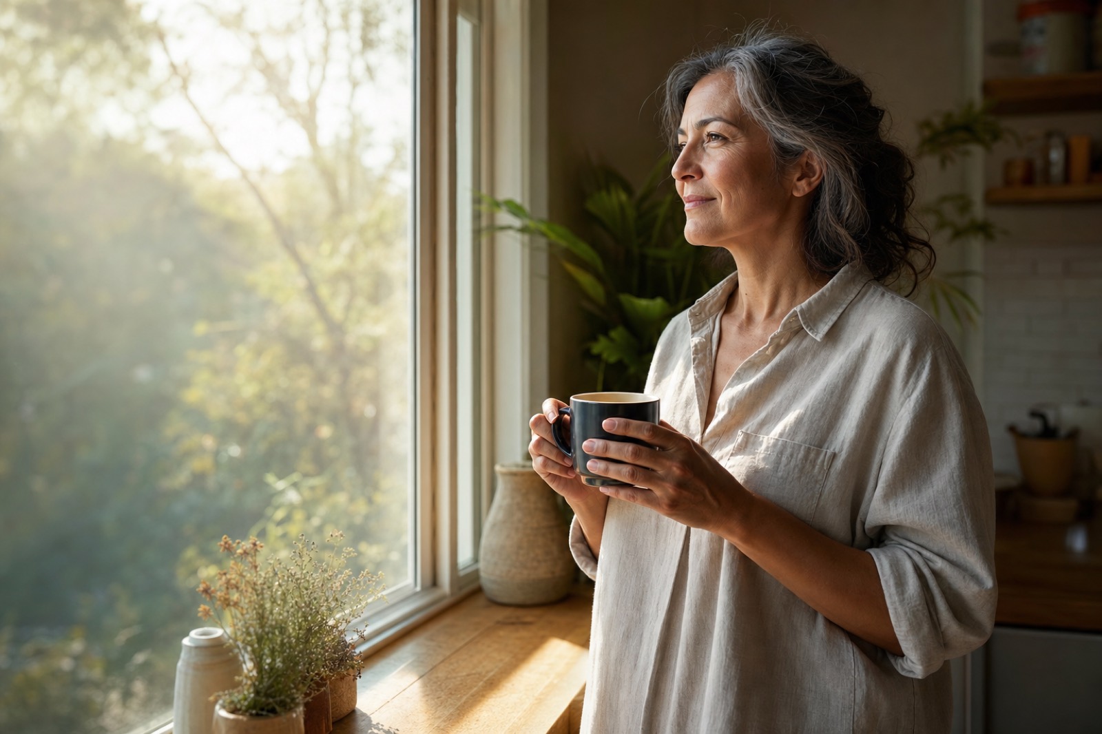 A woman in her fifties at a sunlit kitchen window holding a mug
