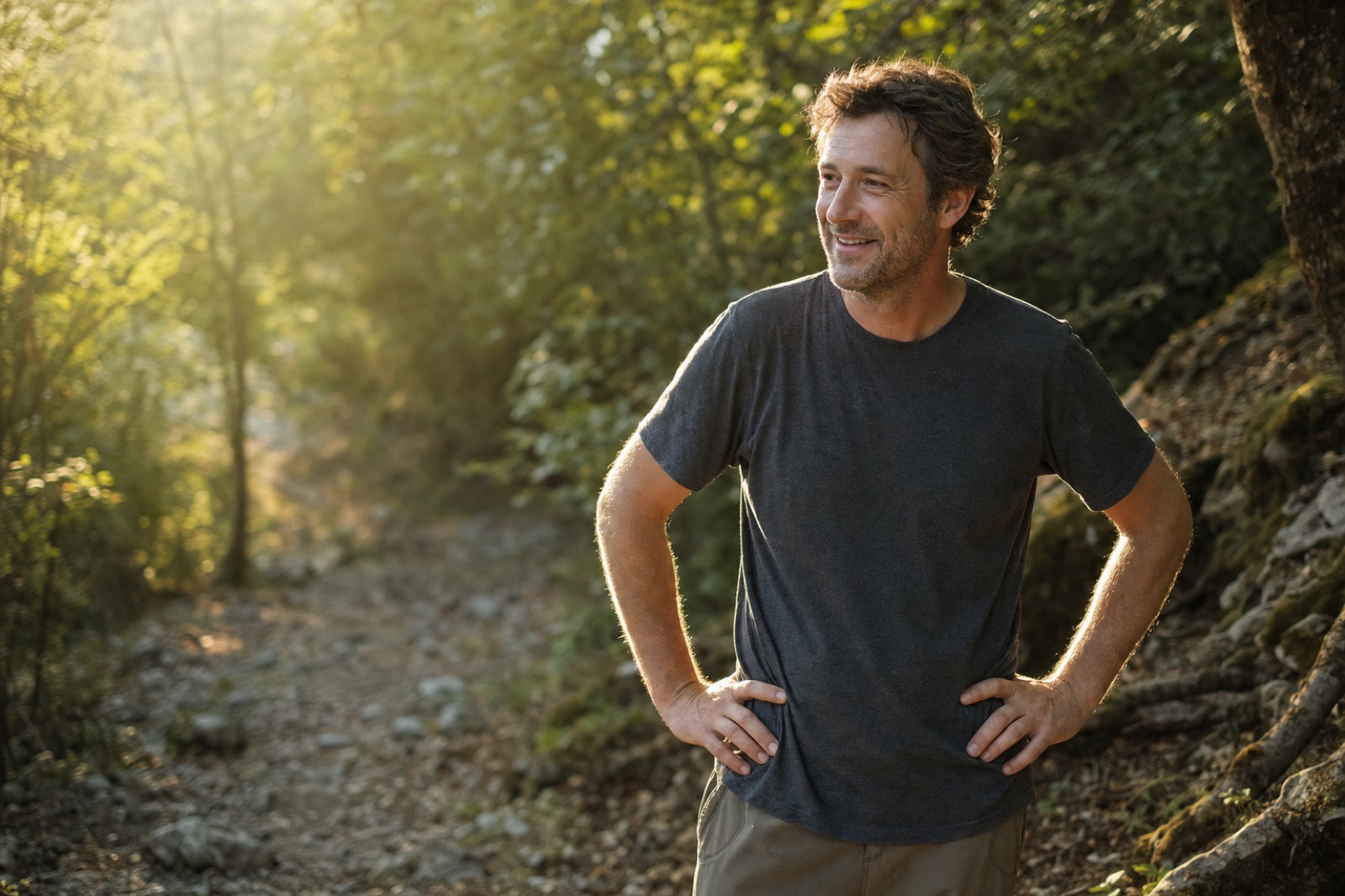 A man in his forties pausing on a wooded trail in warm afternoon light