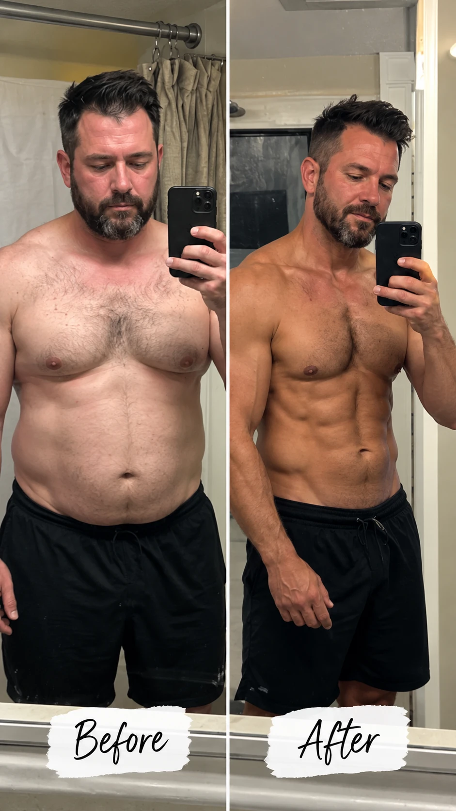 A man in a bathroom mirror selfie, shown twice in one picture: on the left labelled Before, and on the right labelled After, standing taller and looking stronger.