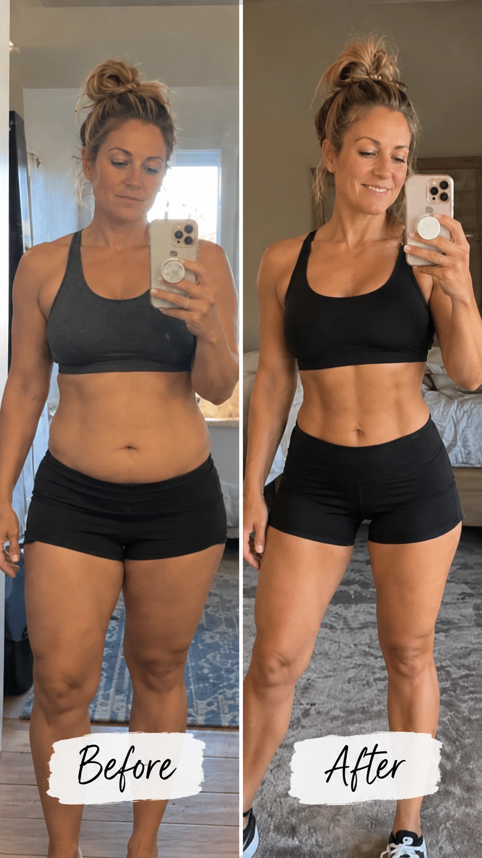 A woman in workout clothes taking a mirror selfie, shown twice in one picture: on the left labelled Before, and on the right labelled After, looking stronger and more toned.