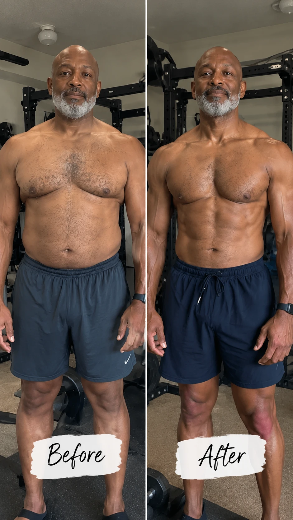 An older man with a gray beard standing in a home gym, shown twice in one picture: on the left labelled Before, and on the right labelled After, looking stronger and more muscular.