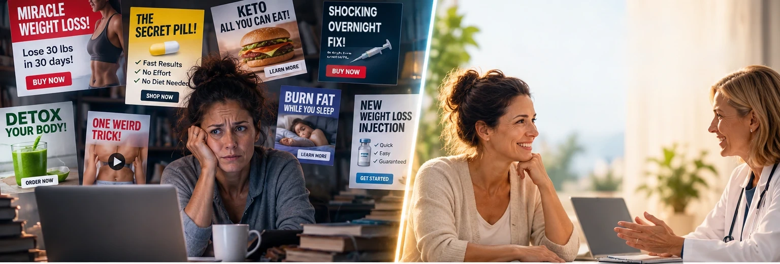 Conceptual illustration, split in two. On the left, a stressed woman sits at a laptop surrounded by exaggerated miracle-cure and weight-loss adverts. On the right, a calm woman talks with a clinician in a bright office.
