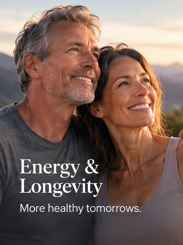 Conceptual illustration: a smiling middle-aged couple standing close together at sunrise with hills behind them