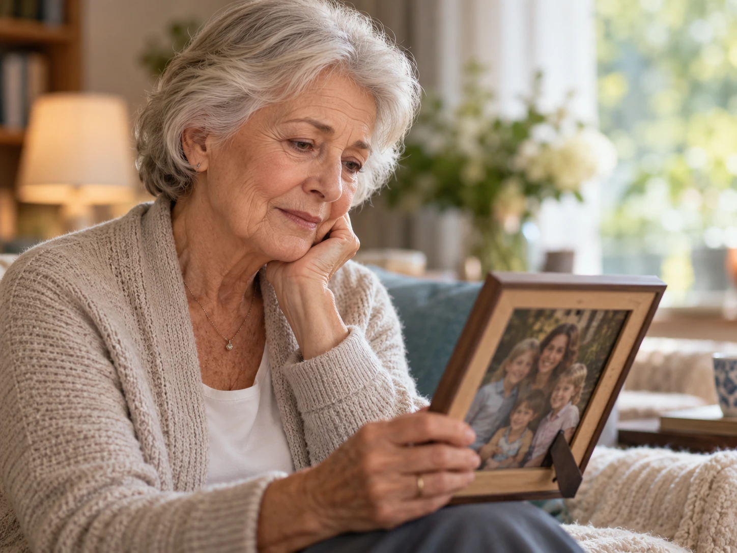 Conceptual illustration: an older woman with grey hair looking thoughtfully at a framed family photograph