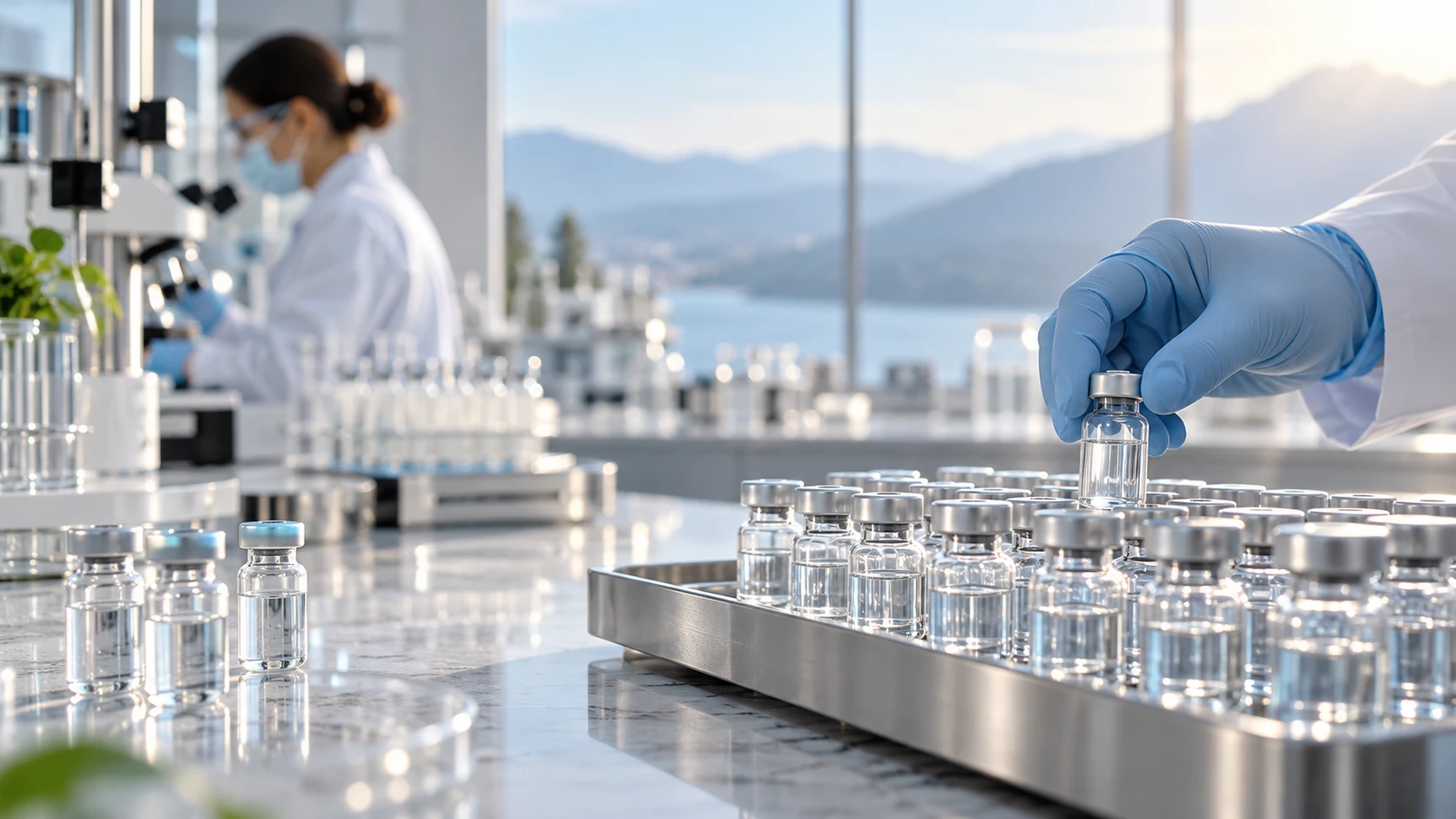Conceptual illustration: a gloved hand places a clear glass vial into a tray of vials on a bright laboratory bench, with a technician at a microscope in the background