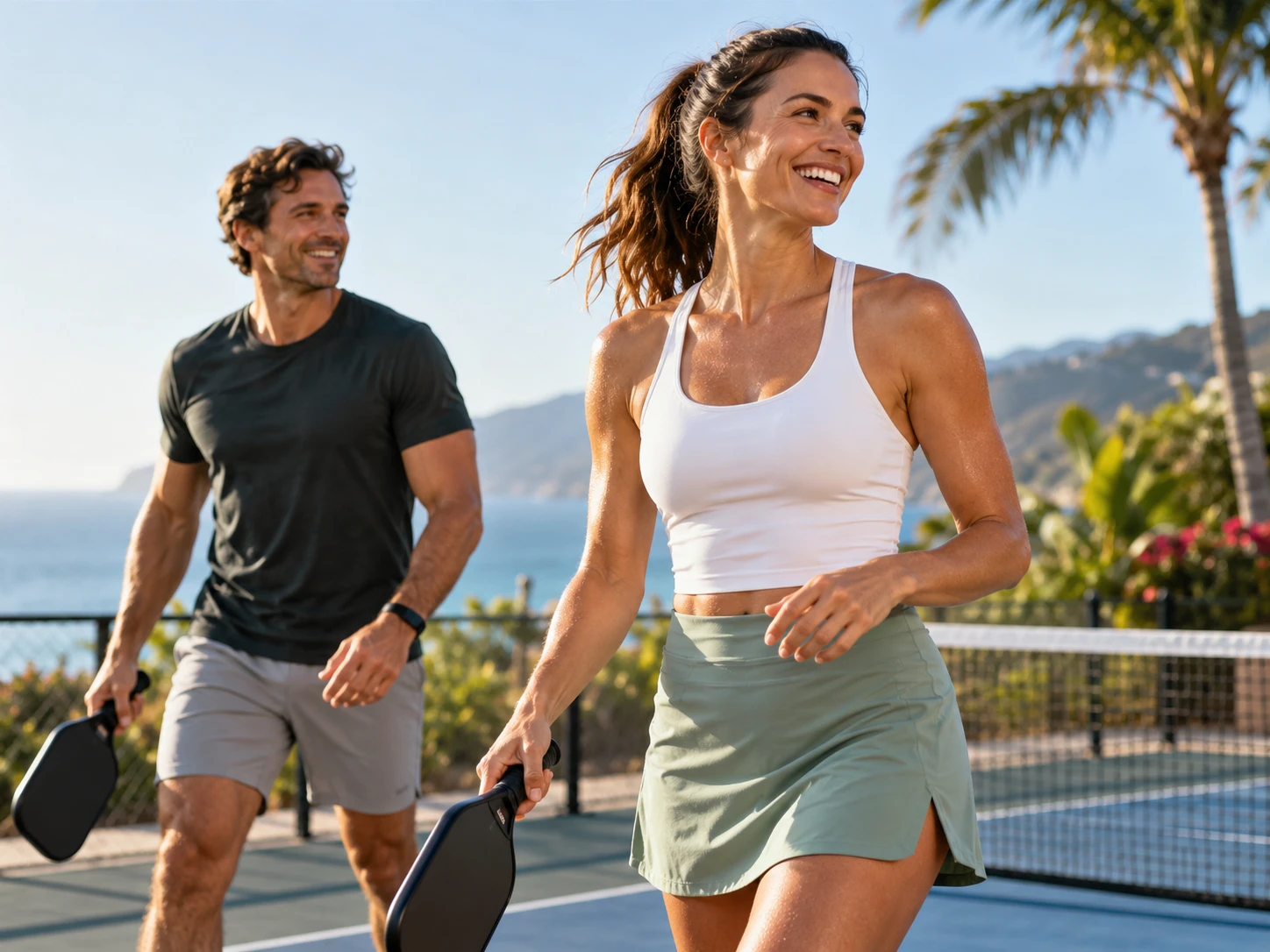 Conceptual illustration: a smiling woman and man playing pickleball on a seaside court