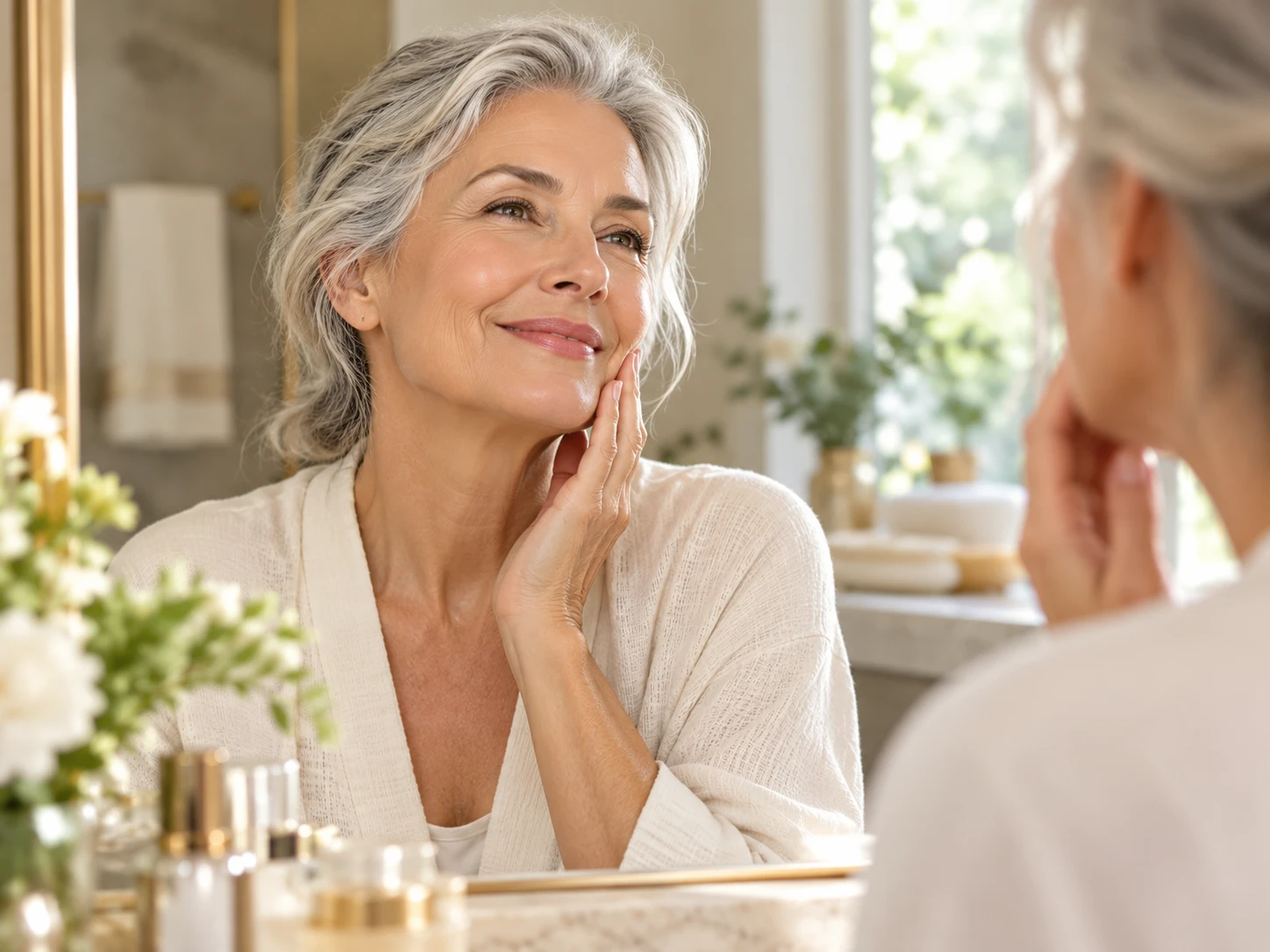 Conceptual illustration: a woman with silver hair smiling at her reflection in a bright bathroom mirror