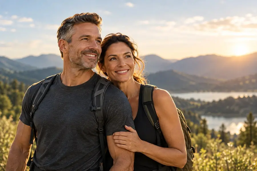 A couple hiking together above a lake