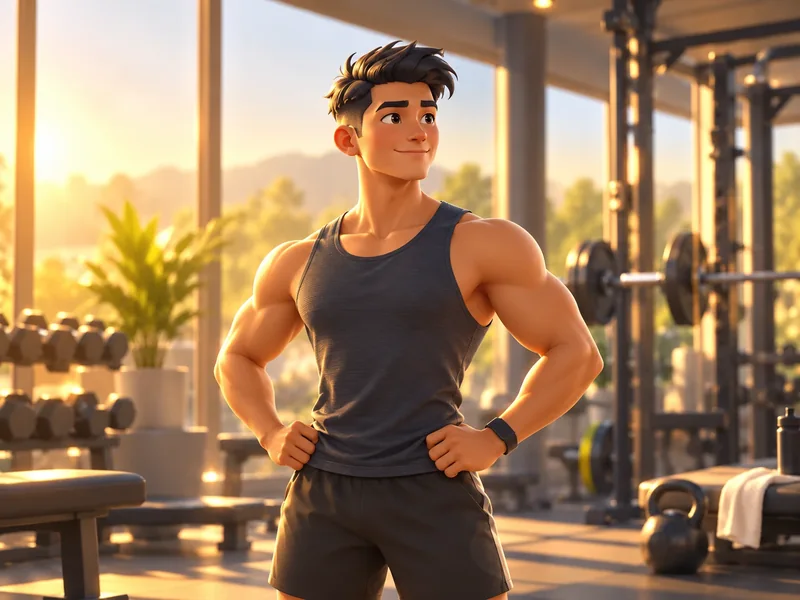 An animated, athletic man with a relaxed smile, standing in a sunlit gym