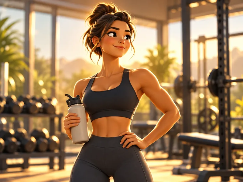 An animated, athletic woman with a water bottle and a confident smile, standing in a sunlit gym
